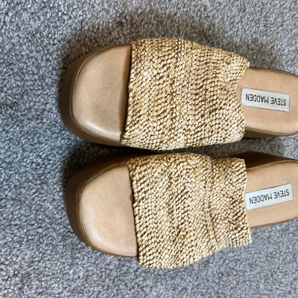 Steve Madden Platform Sandals Womens 6.5 Tan‎ Raffia Woven Wedge Italy slide on